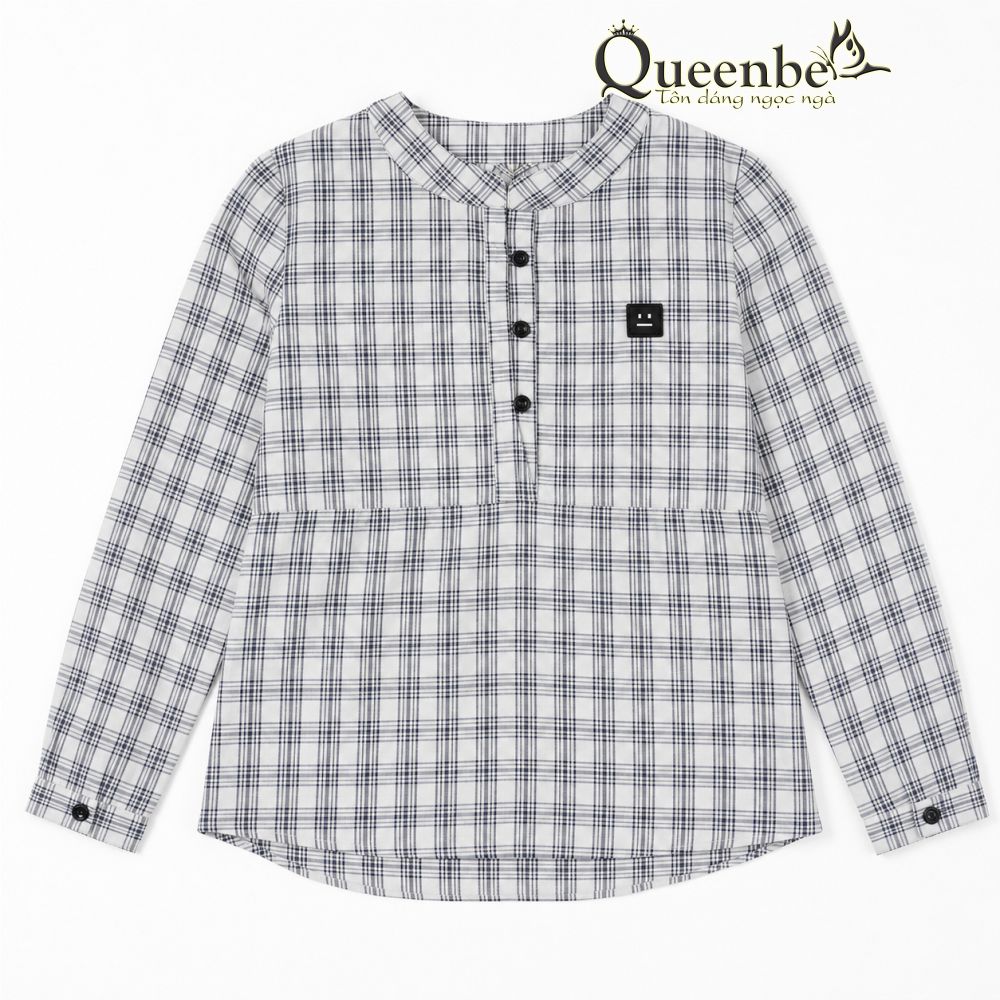 Áo nữ áo sơ mi nữ cổ tròn dài tay cúc cổ kẻ carô gai pha bông có big size Queenbe GLA046
