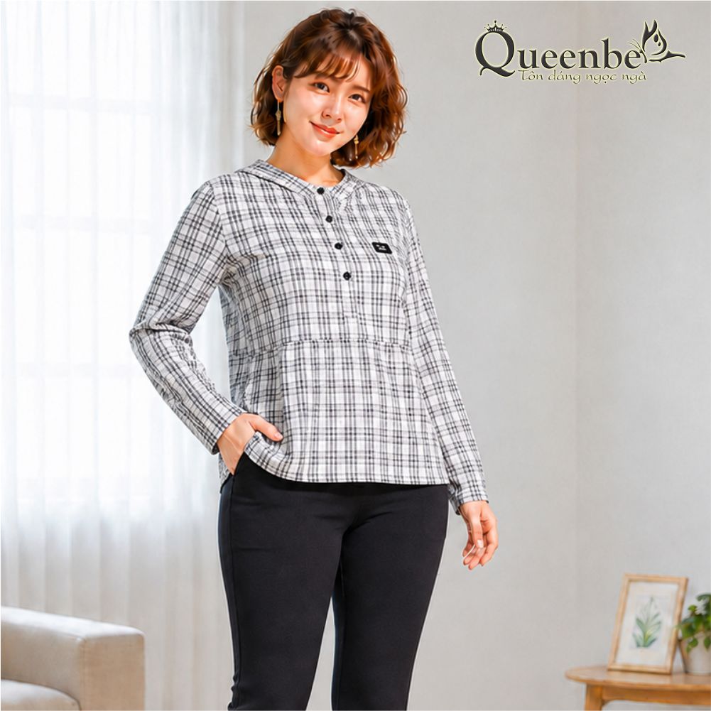 Áo nữ áo sơ mi nữ cổ tròn dài tay cúc cổ kẻ carô gai pha bông có big size Queenbe GLA046