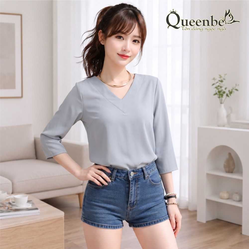 Áo nữ áo sơ mi nữ kiểu nhật cổ v tay lỡ dáng suông chất voan lụa Queenbe GLA036