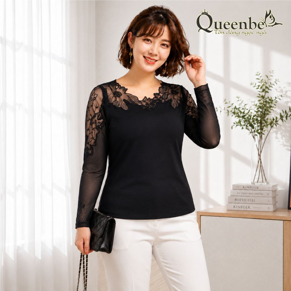 Áo nữ áo thun nữ dài tay dáng ôm phối ren có big size Queenbe GLA070