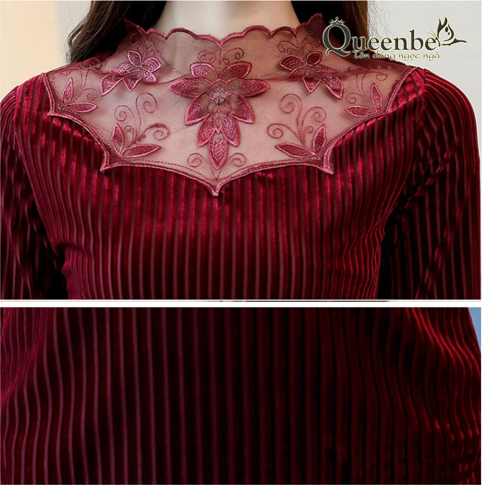 Áo nữ dáng ôm phối ren áo nhung lót lông có big size Queenbe GLA155