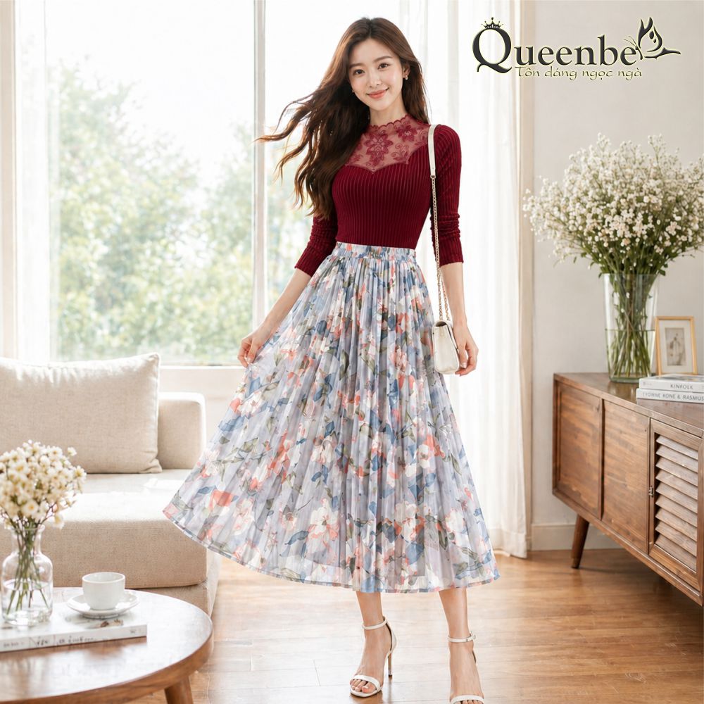 Áo nữ dáng ôm phối ren áo nhung lót lông có big size Queenbe GLA155