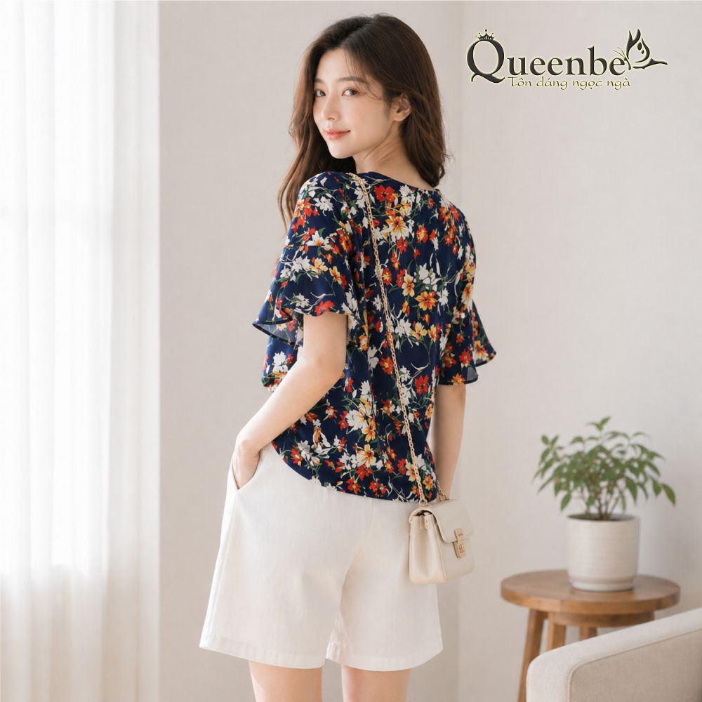 Áo nữ tay loe chiffon cổ tim dáng suông có big size Queenbe GLA265