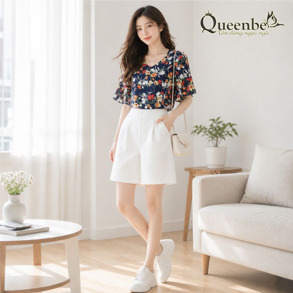 Áo nữ tay loe chiffon cổ tim dáng suông có big size Queenbe GLA265