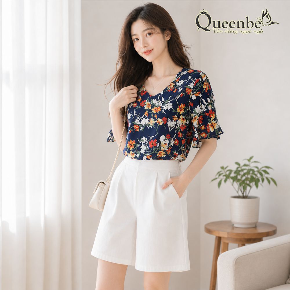 Áo nữ tay loe chiffon cổ tim dáng suông có big size Queenbe GLA265