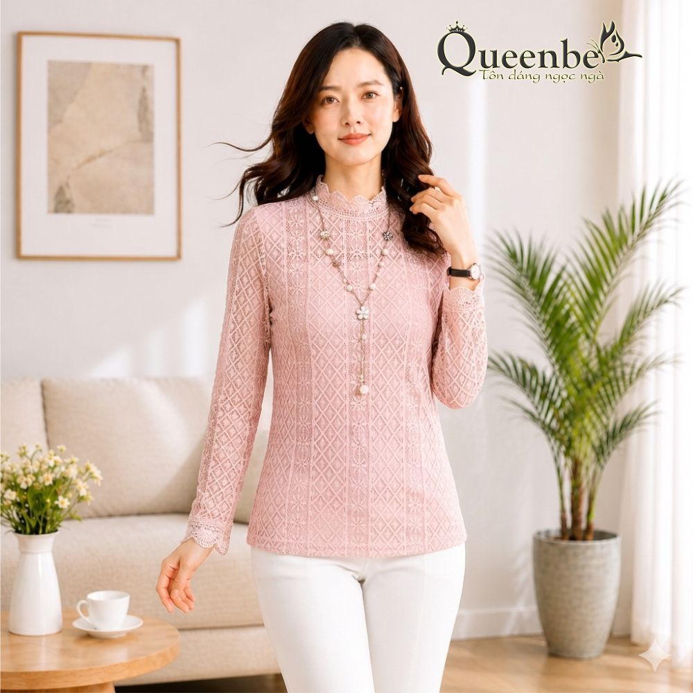 Áo ren dài tay cổ cao dáng ôm GLA008 ren mềm, lót mịn