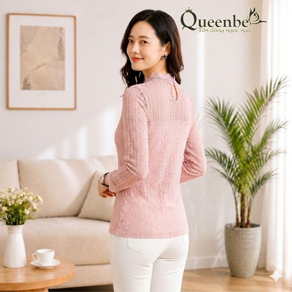 Áo ren dài tay cổ cao dáng ôm GLA008 ren mềm, lót mịn