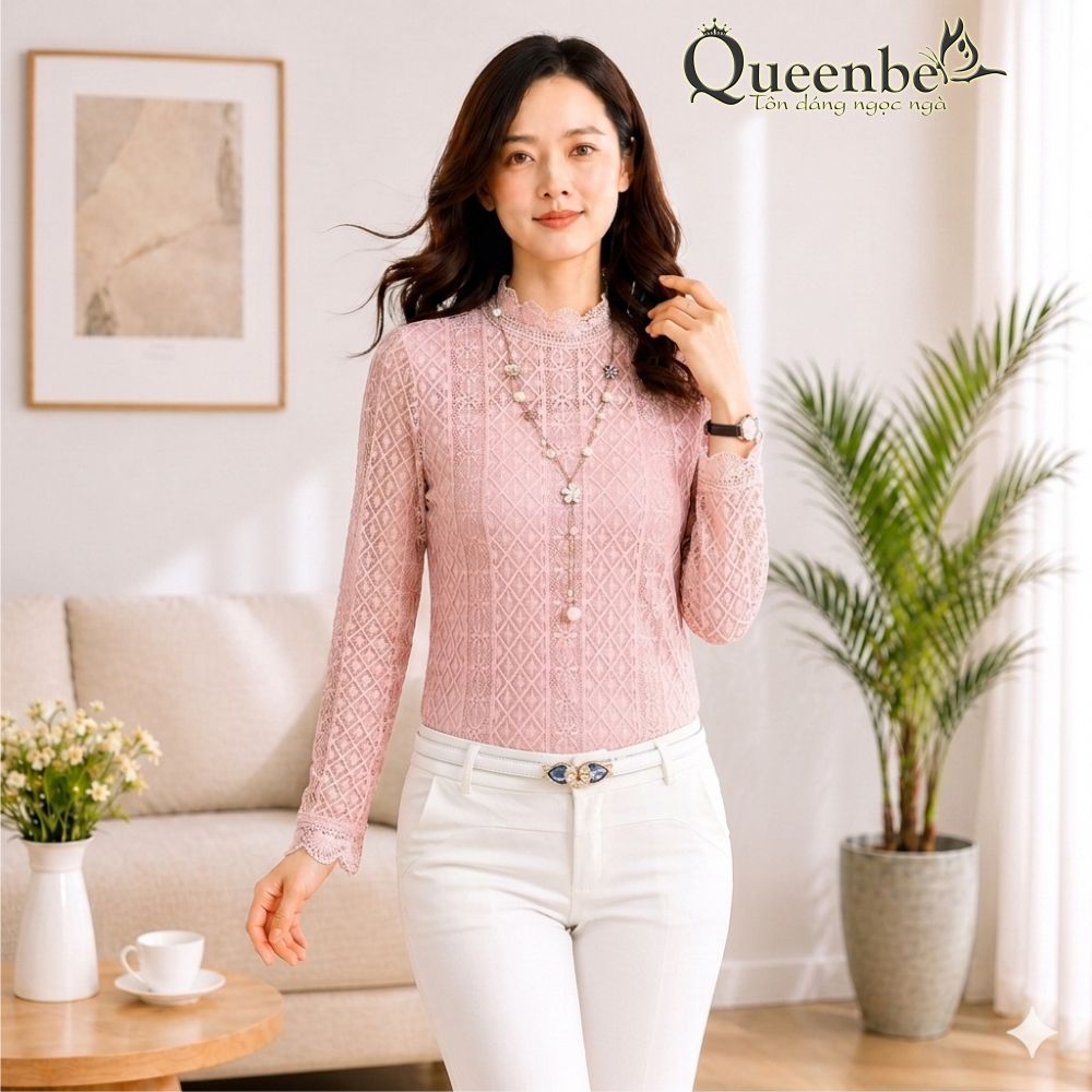 Áo ren dài tay cổ cao dáng ôm GLA008 ren mềm, lót mịn