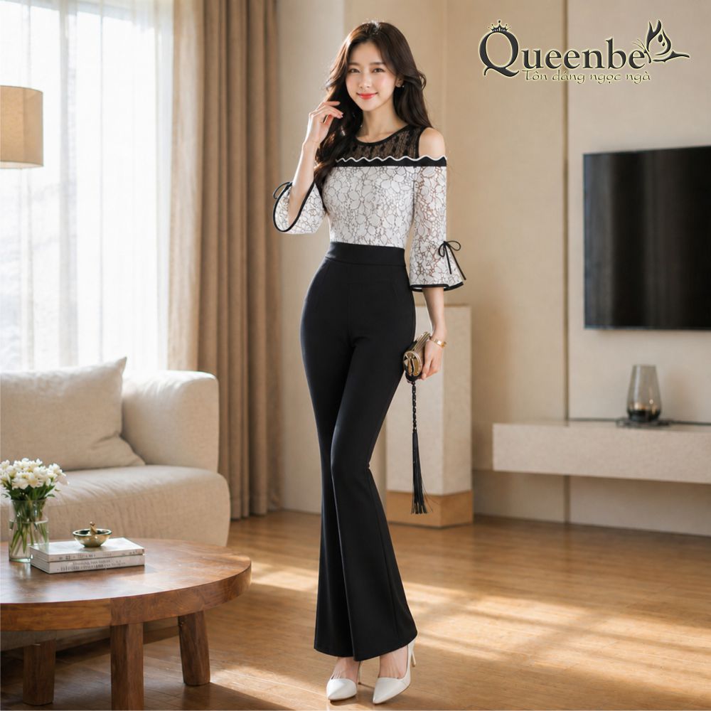 Áo ren nữ cổ lưới tay loe thân hai lớp Queenbe GLA176