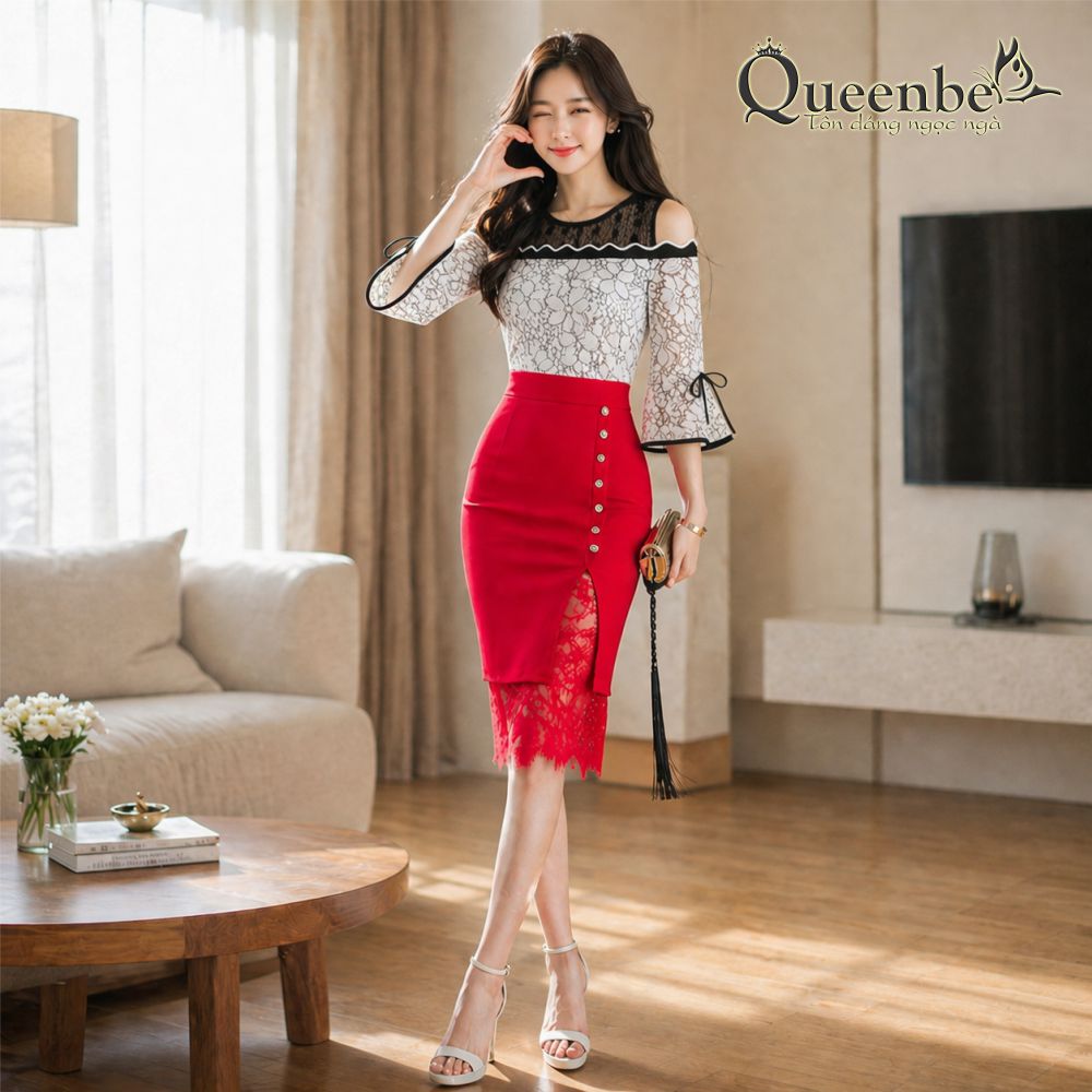 Áo ren nữ cổ lưới tay loe thân hai lớp Queenbe GLA176