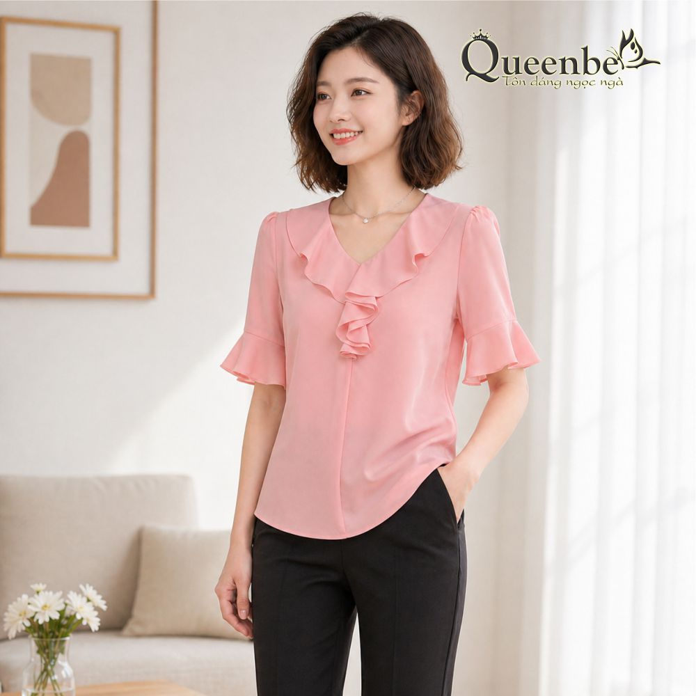 Áo sơ mi nữ cổ bèo tay loe Queenbe GLA261