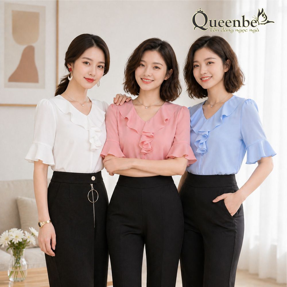 Áo sơ mi nữ cổ bèo tay loe Queenbe GLA261