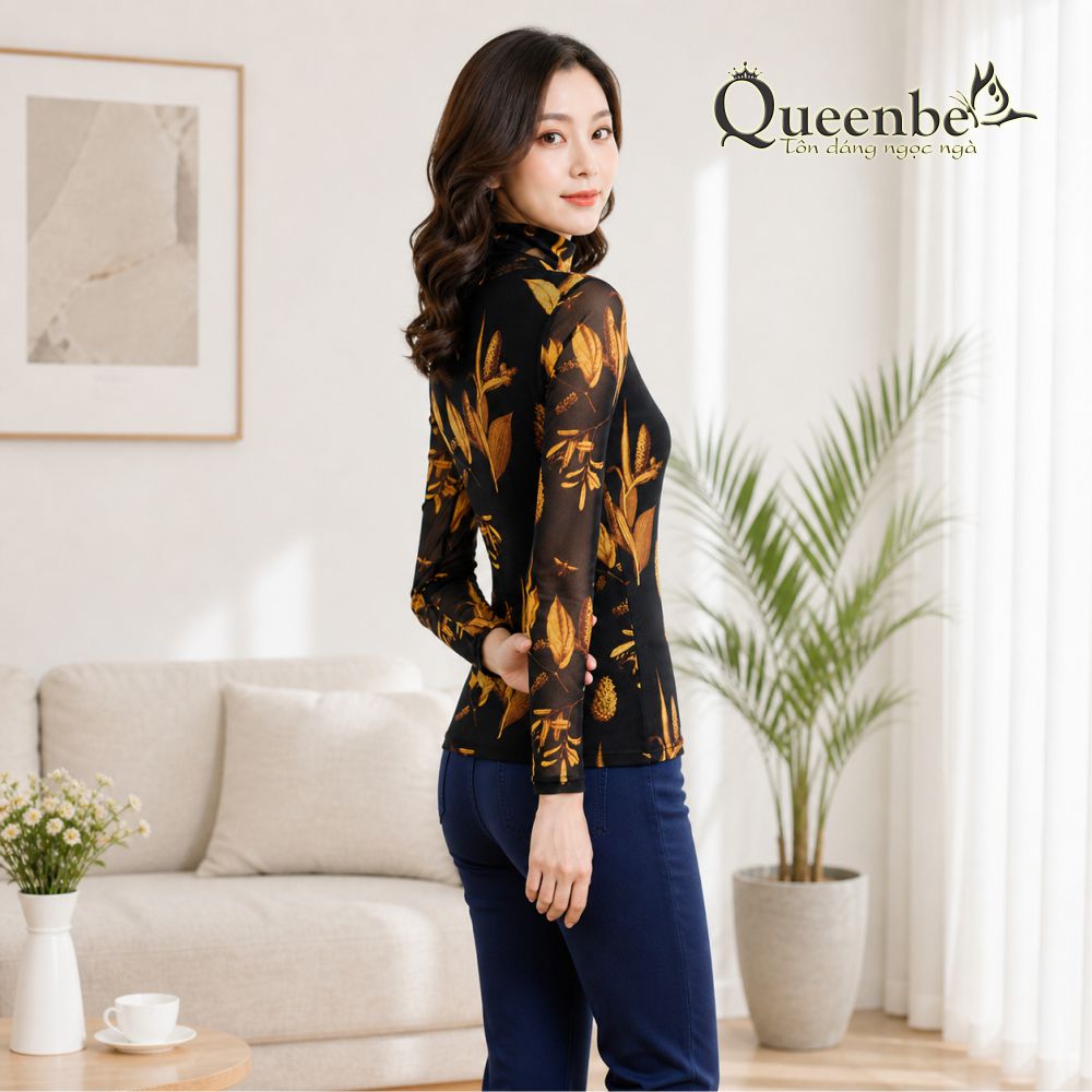 Áo thun cổ lọ dài tay in lá vàng có big size Queenbe GLA244