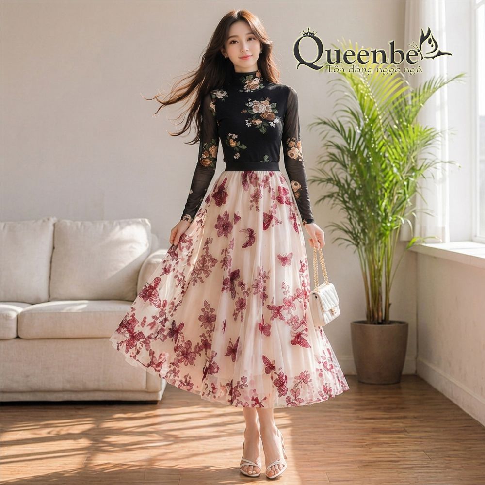 Áo thun hoa cổ lọ dài tay có big size Queenbe GLA310