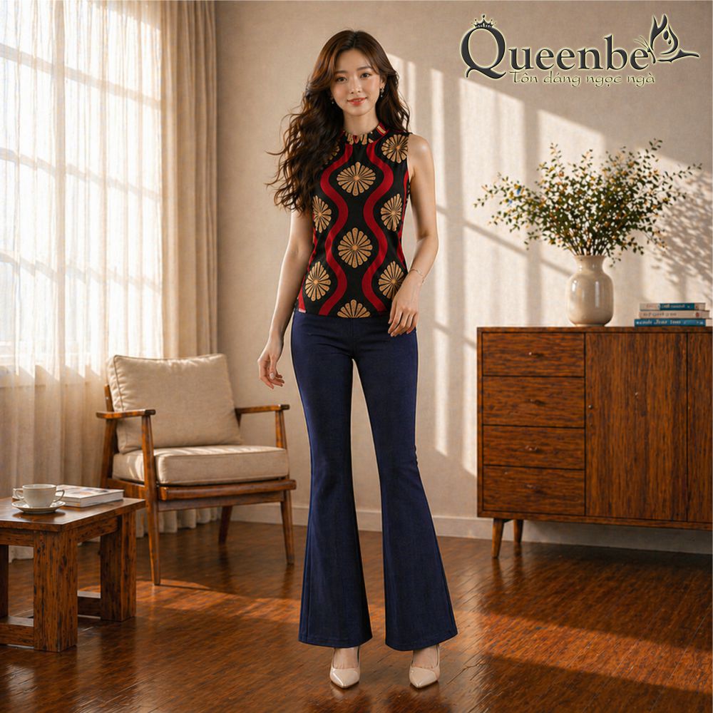 Áo thun nữ cổ cao không tay in hình học có big size Queenbe GLA289