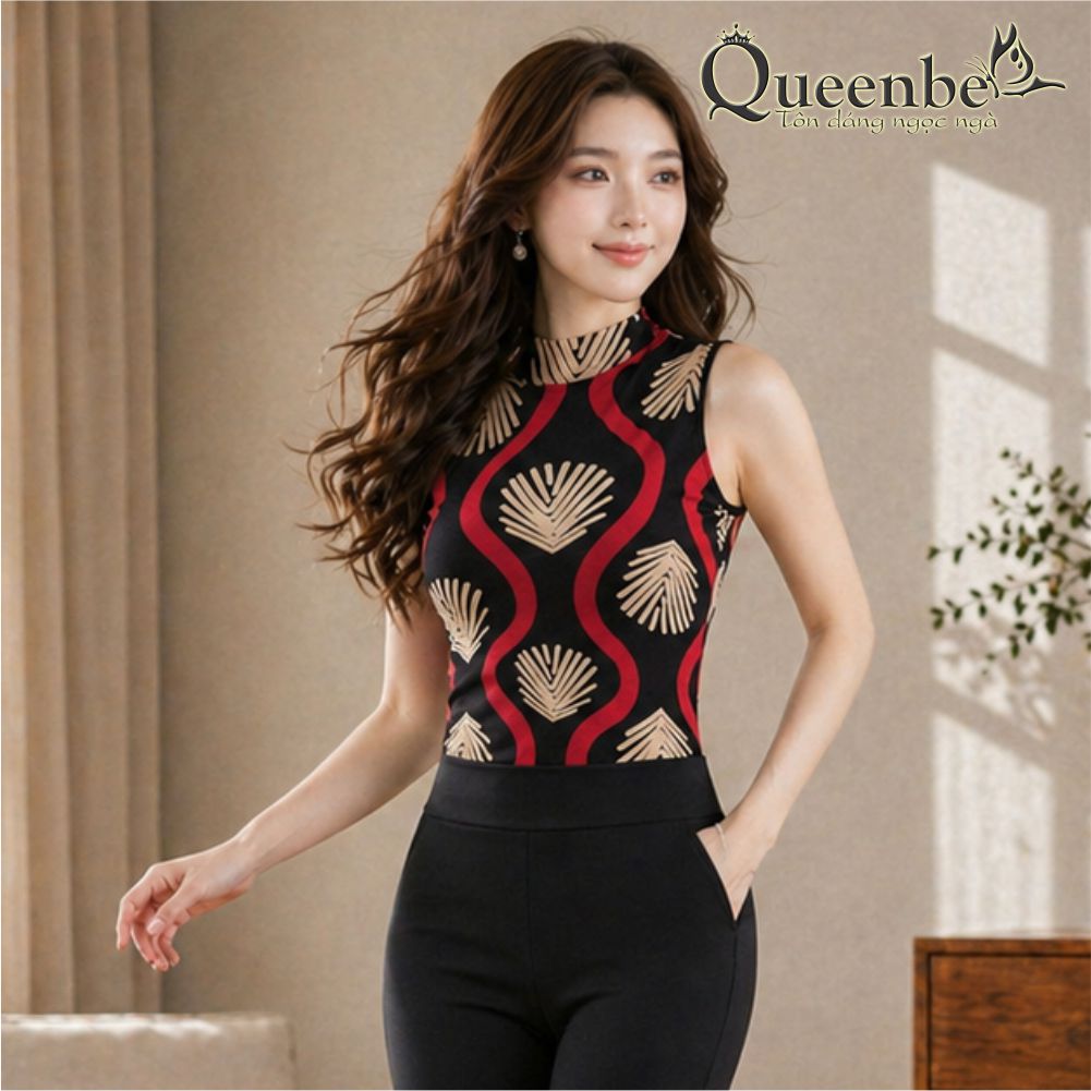 Áo thun nữ cổ cao không tay in hình học có big size Queenbe GLA289
