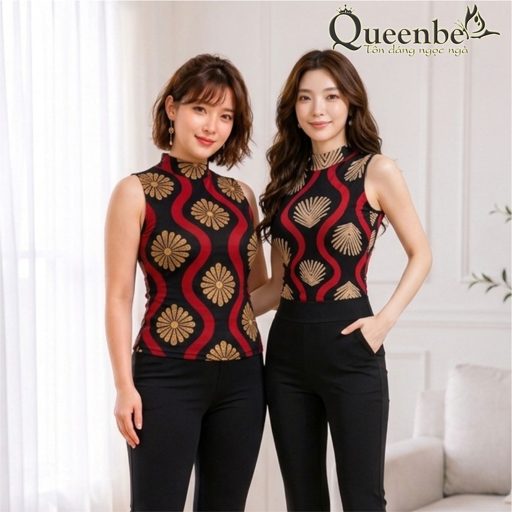 Áo thun nữ cổ cao không tay in hình học có big size Queenbe GLA289