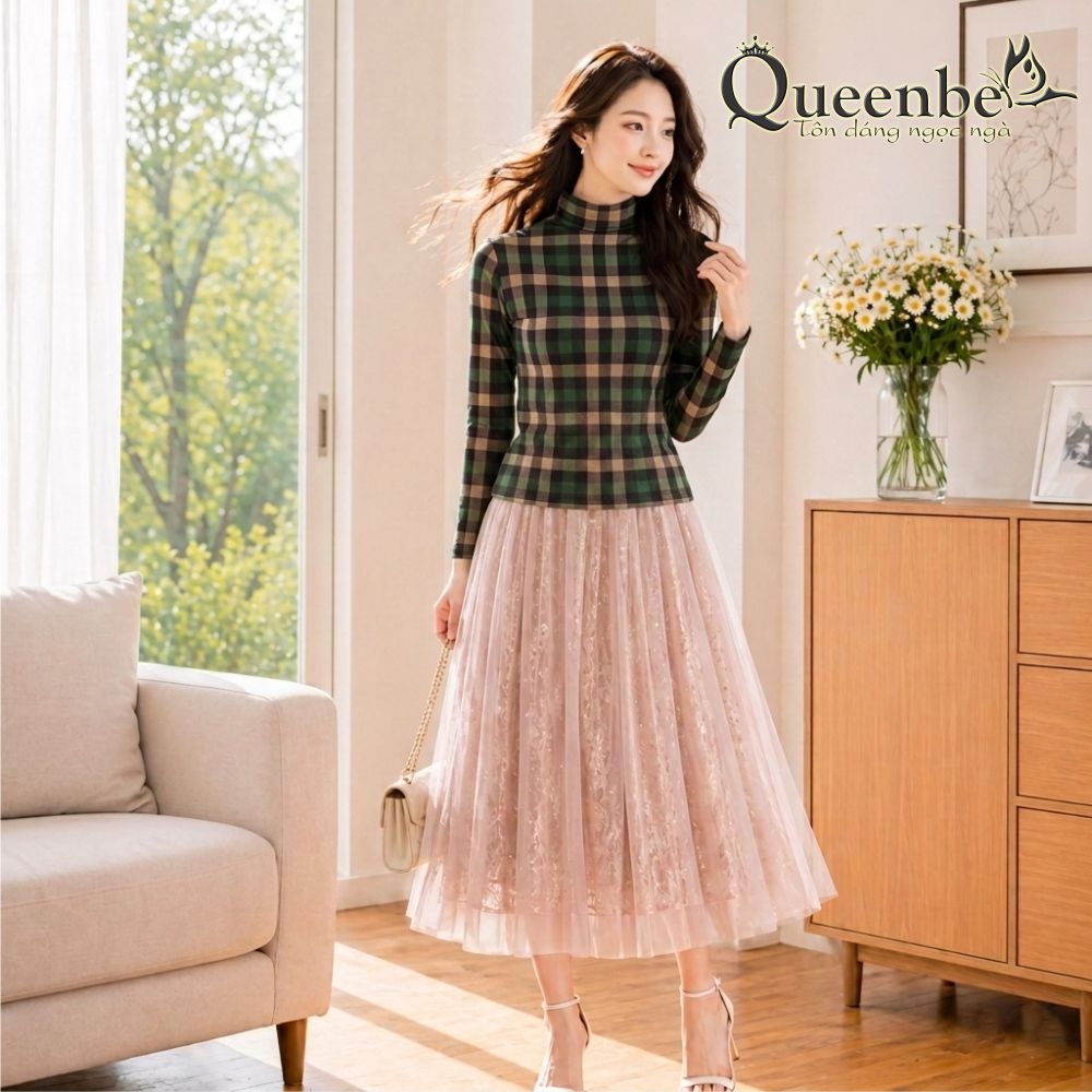 Áo thun nữ cổ lọ dài tay in caro có big size Queenbe GLA309