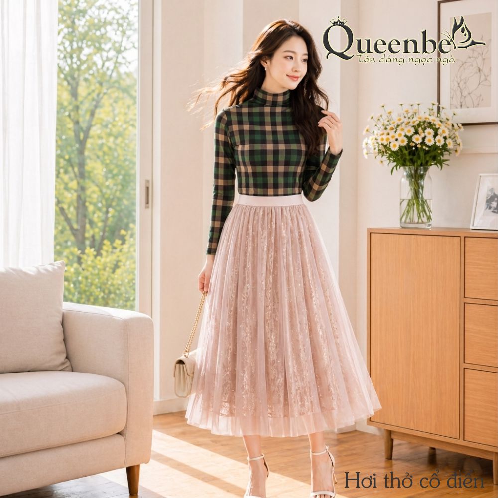 Áo thun nữ cổ lọ dài tay in caro có big size Queenbe GLA309