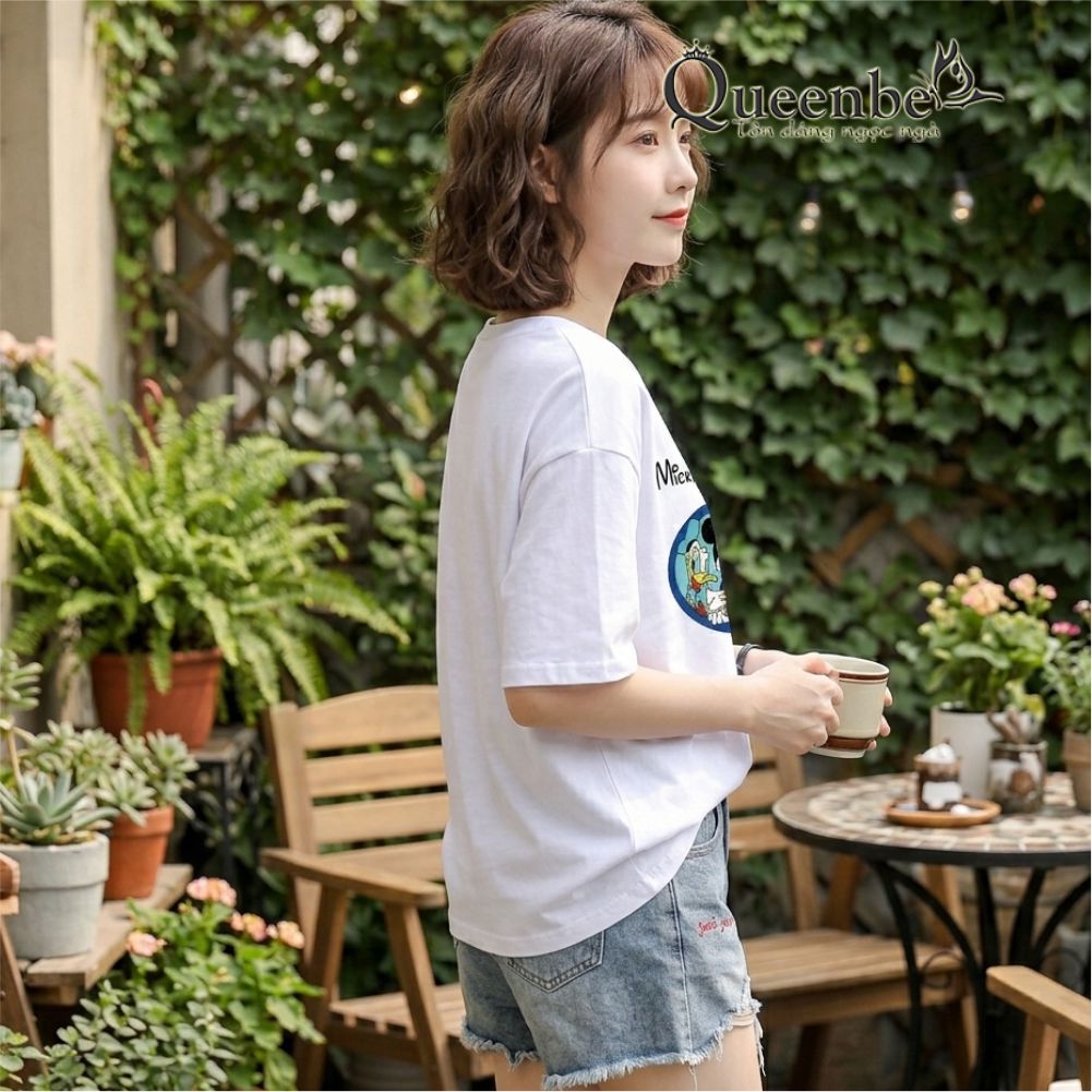 Áo thun nữ cotton Queenbe GLA315 không xù mềm thoáng in hoạt hình