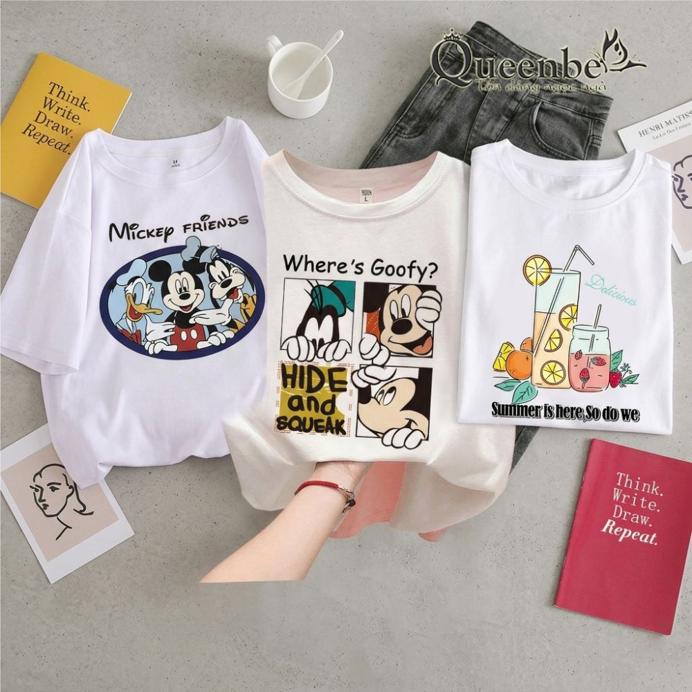 Áo thun nữ cotton Queenbe GLA315 không xù mềm thoáng in hoạt hình