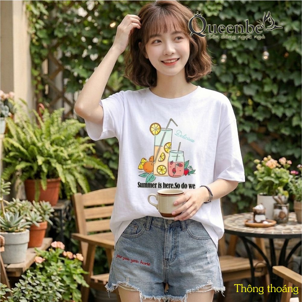 Áo thun nữ cotton Queenbe GLA315 không xù mềm thoáng in hoạt hình