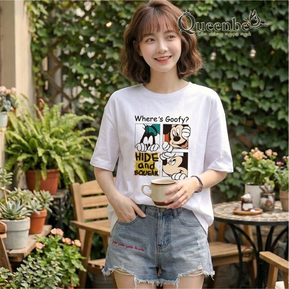 Áo thun nữ cotton Queenbe GLA315 không xù mềm thoáng in hoạt hình
