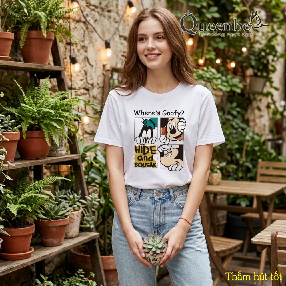 Áo thun nữ cotton Queenbe GLA315 không xù mềm thoáng in hoạt hình