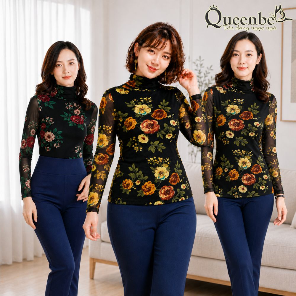 Áo thun nữ dài tay cổ cao thun lưới in hoa có big size Queenbe GLA238