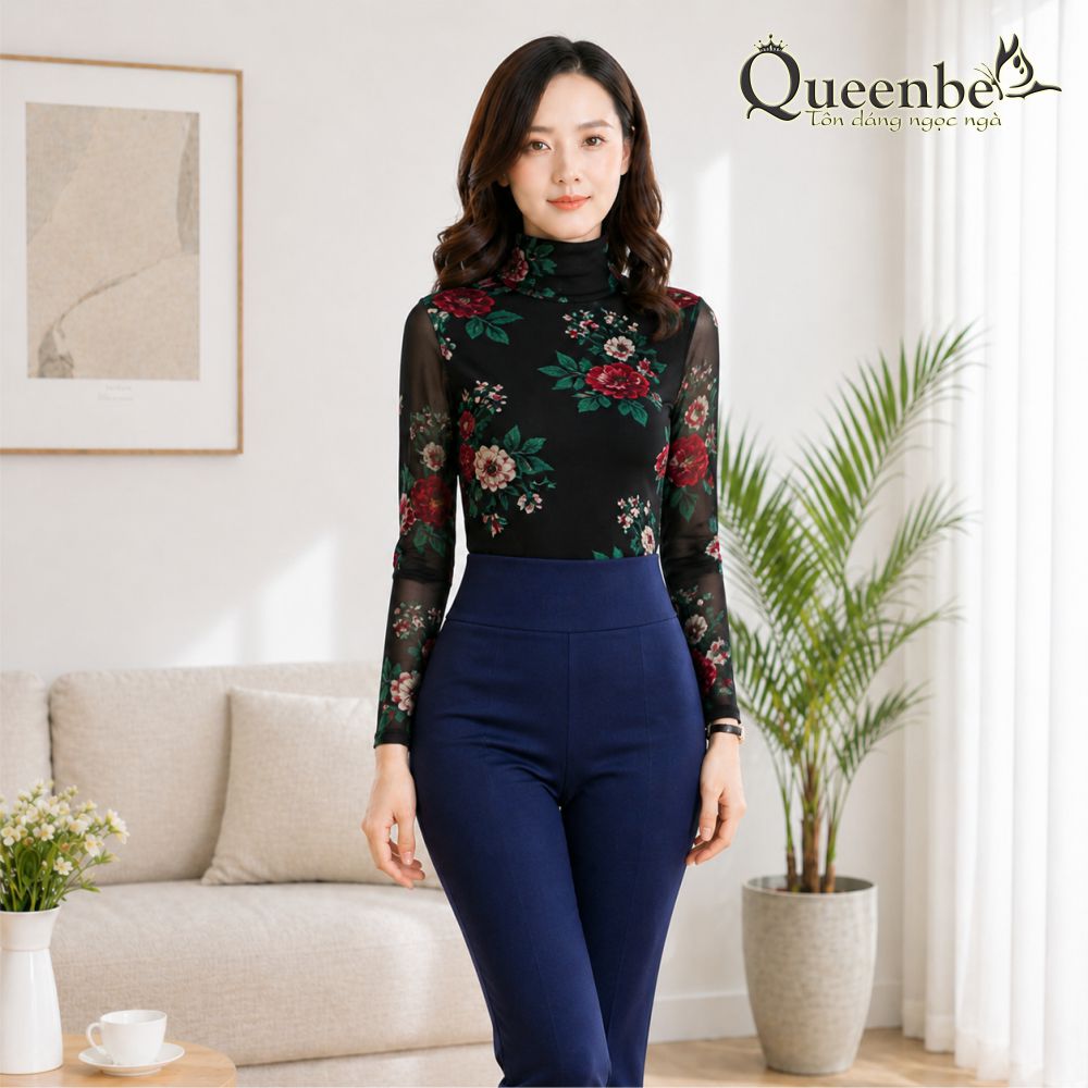 Áo thun nữ dài tay cổ cao thun lưới in hoa có big size Queenbe GLA238