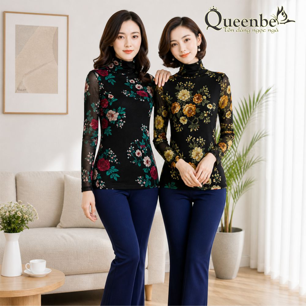 Áo thun nữ dài tay cổ cao thun lưới in hoa có big size Queenbe GLA238