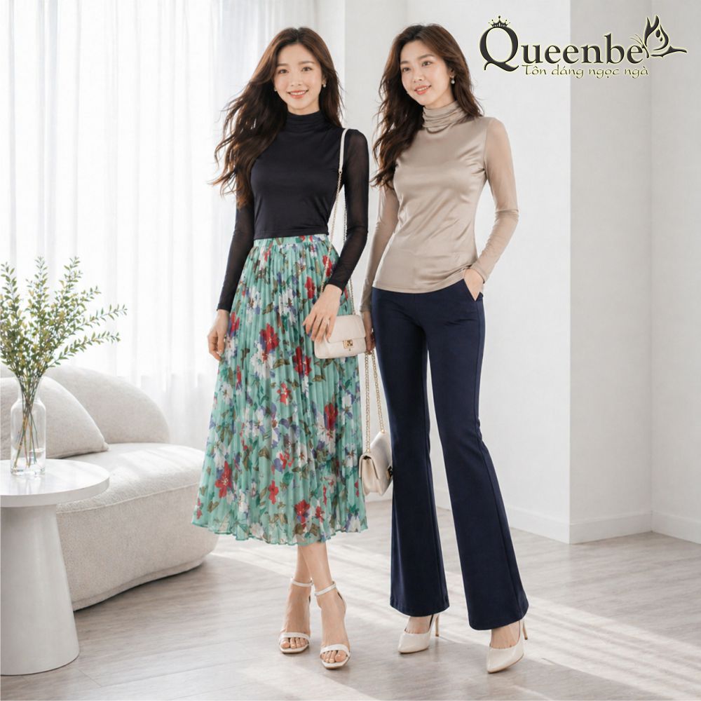 Áo thun nữ dài tay cổ lọ dáng ôm có big size Queenbe GLA249