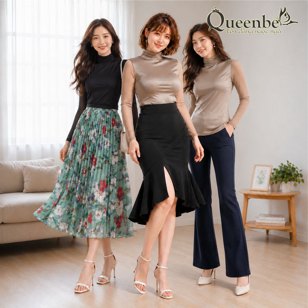 Áo thun nữ dài tay cổ lọ dáng ôm có big size Queenbe GLA249