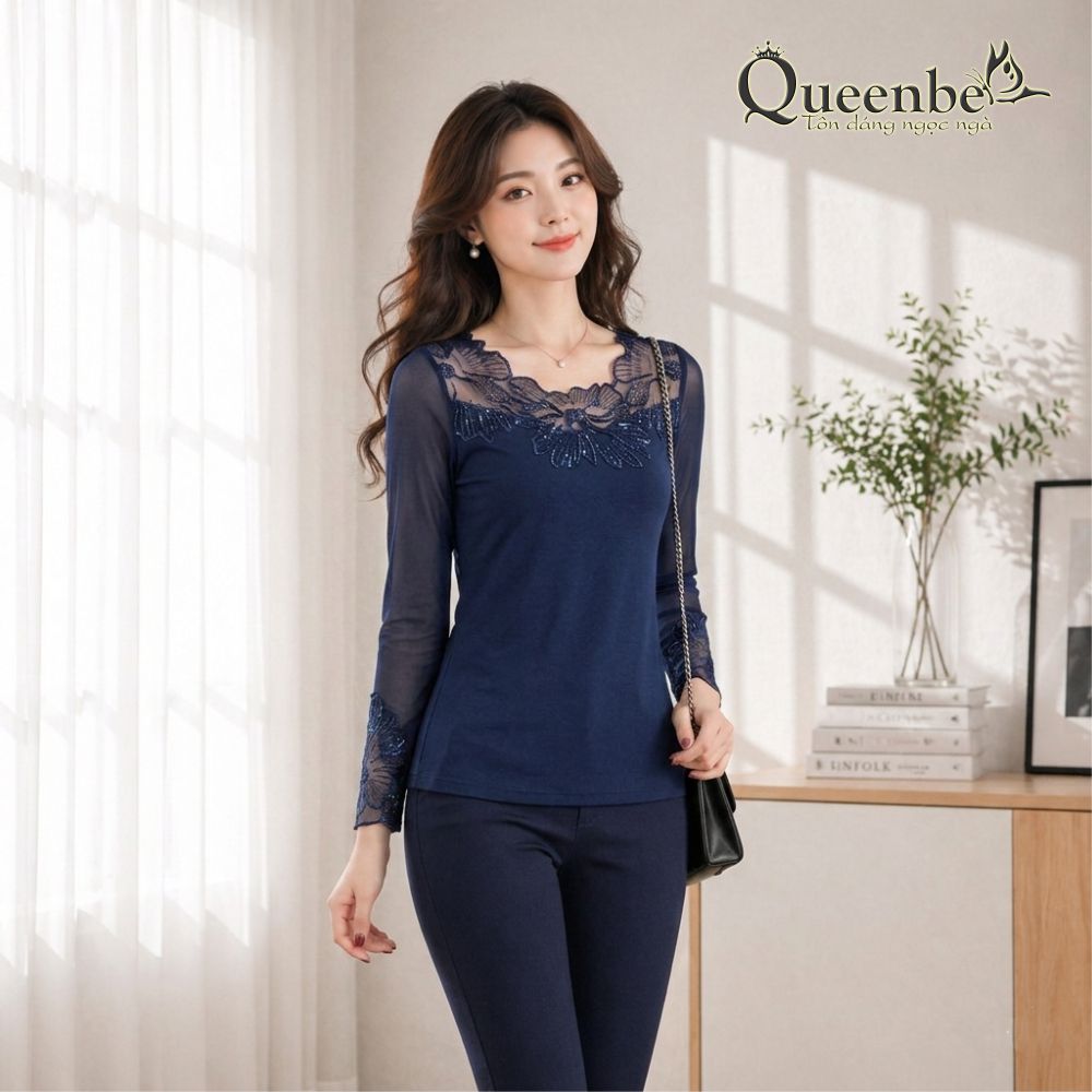 Áo thun nữ dài tay phối ren lưới có big size Queenbe GLA129
