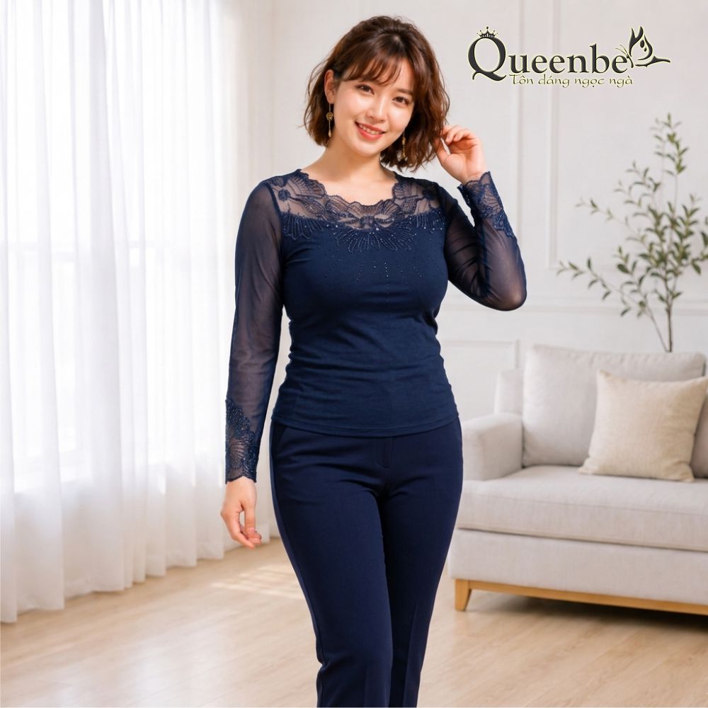 Áo thun nữ dài tay phối ren lưới có big size Queenbe GLA129
