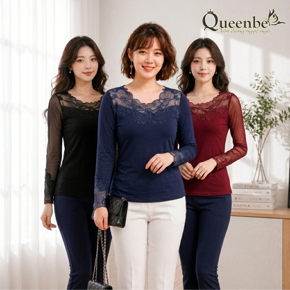 Áo thun nữ dài tay phối ren lưới có big size Queenbe GLA129