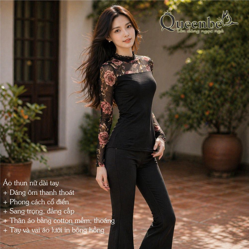 Áo thun nữ dài tay phối thun lưới in hoa Queenbe GLA105 vải cotton mềm in sắc nét, không ra màu, big size M-5XL