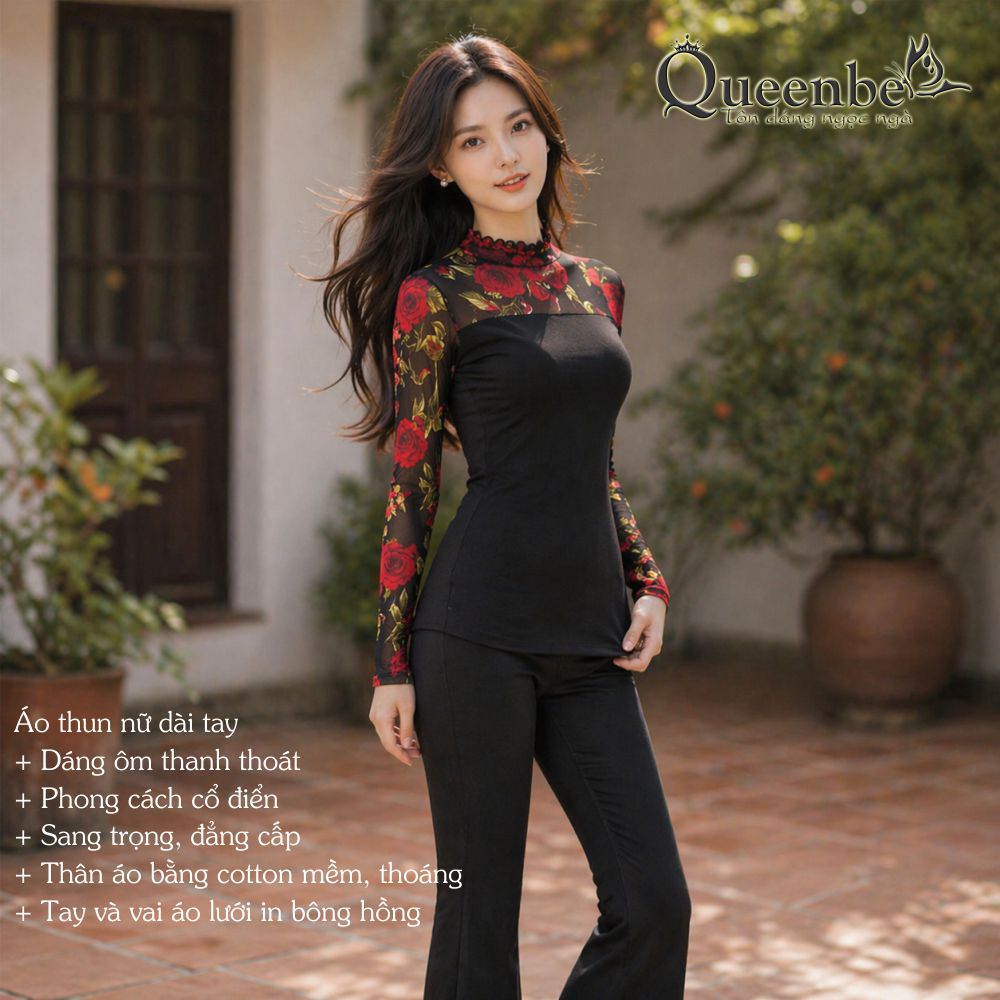 Áo thun nữ dài tay phối thun lưới in hoa Queenbe GLA105 vải cotton mềm in sắc nét, không ra màu, big size M-5XL