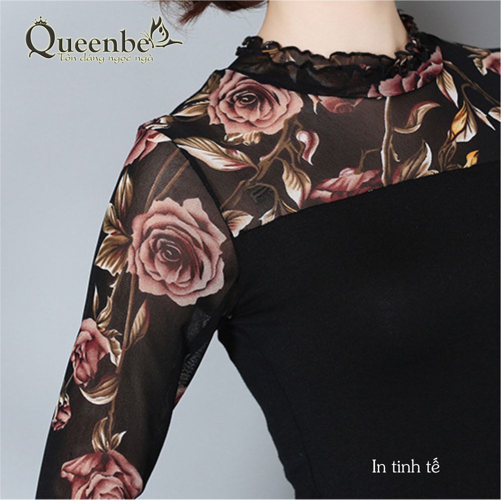Áo thun nữ dài tay phối thun lưới in hoa Queenbe GLA105 vải cotton mềm in sắc nét, không ra màu, big size M-5XL