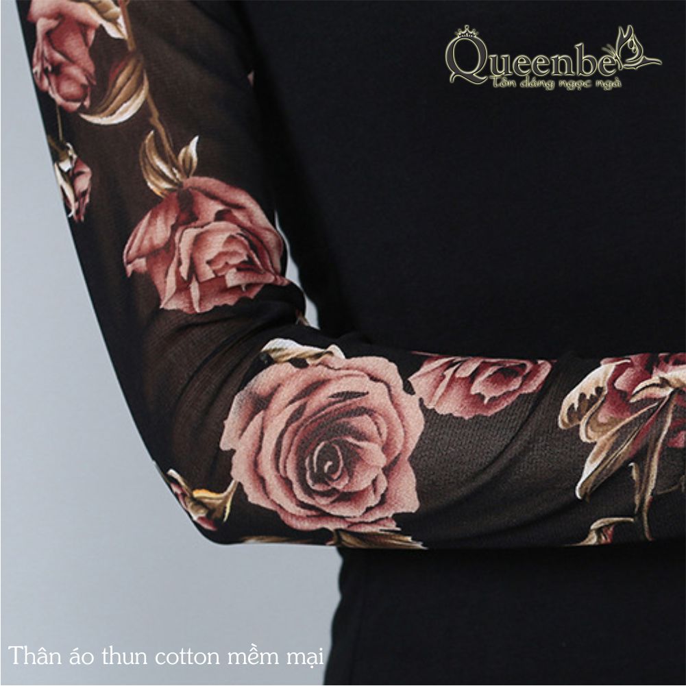 Áo thun nữ dài tay phối thun lưới in hoa Queenbe GLA105 vải cotton mềm in sắc nét, không ra màu, big size M-5XL
