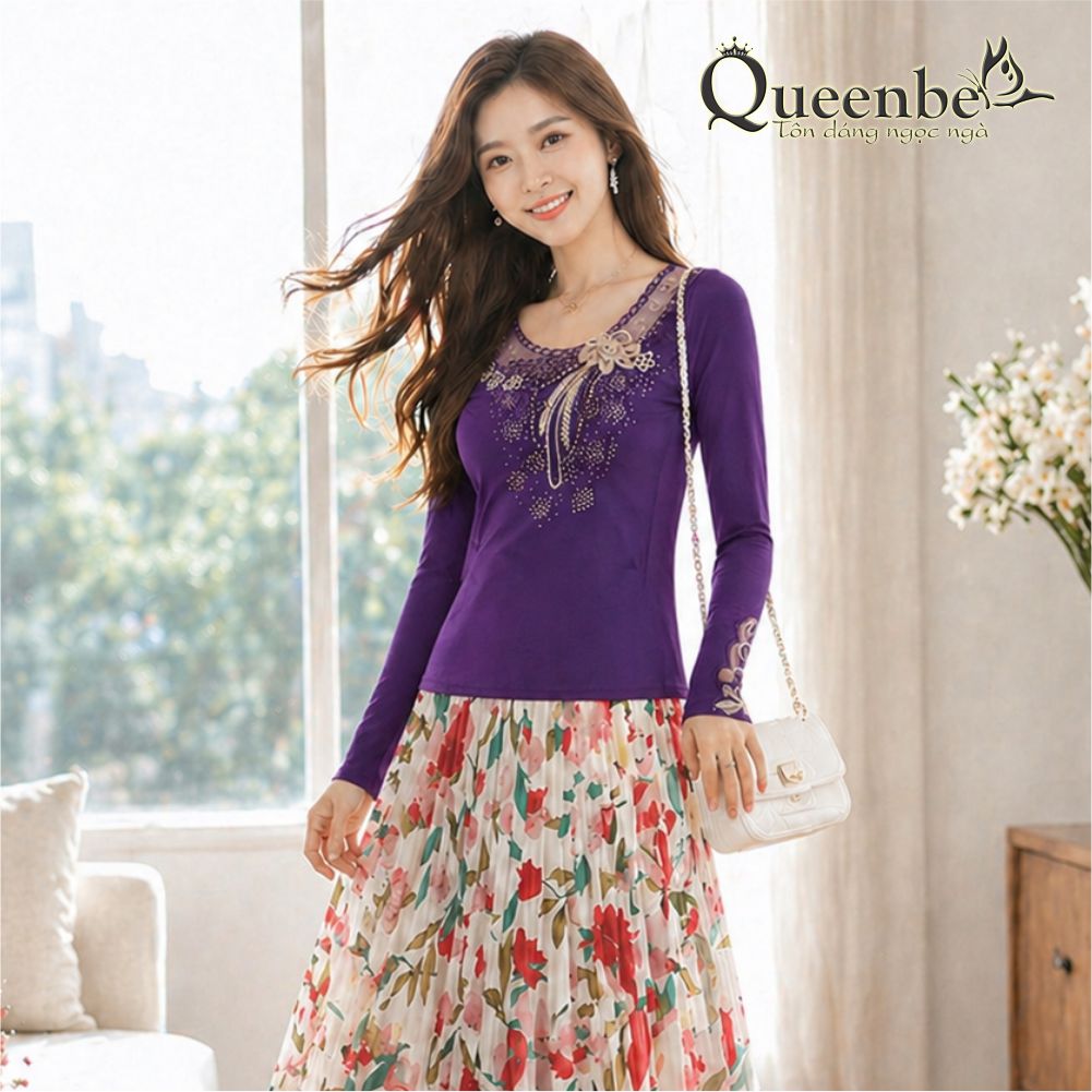 Áo thun nữ dài tay ren lưới đính đá có big size Queenbe GLA286