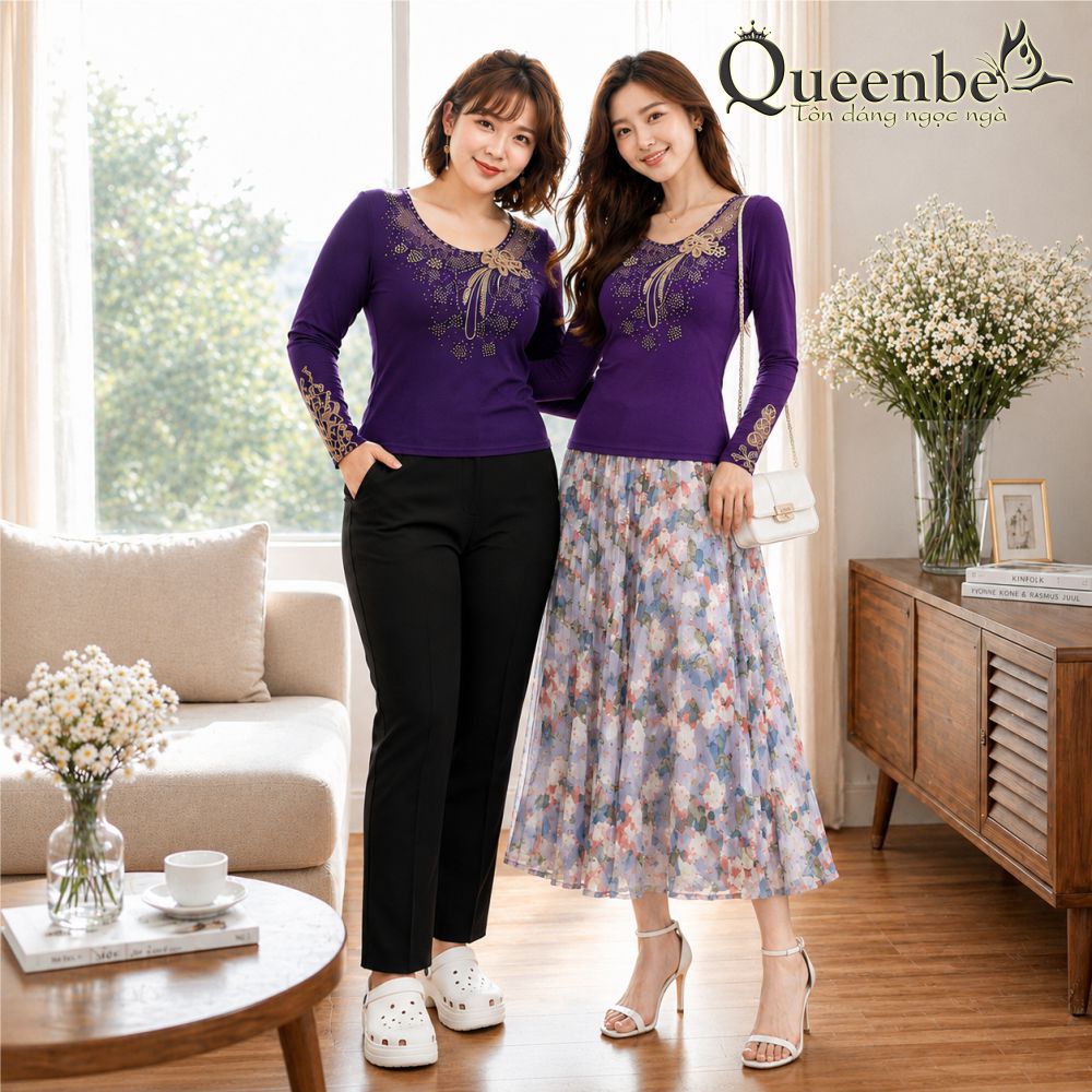 Áo thun nữ dài tay ren lưới đính đá có big size Queenbe GLA286