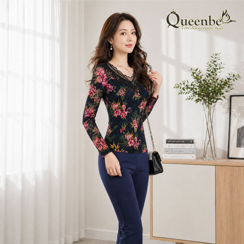 Áo thun nữ dài tay thêu ren big size Queenbe GLA194