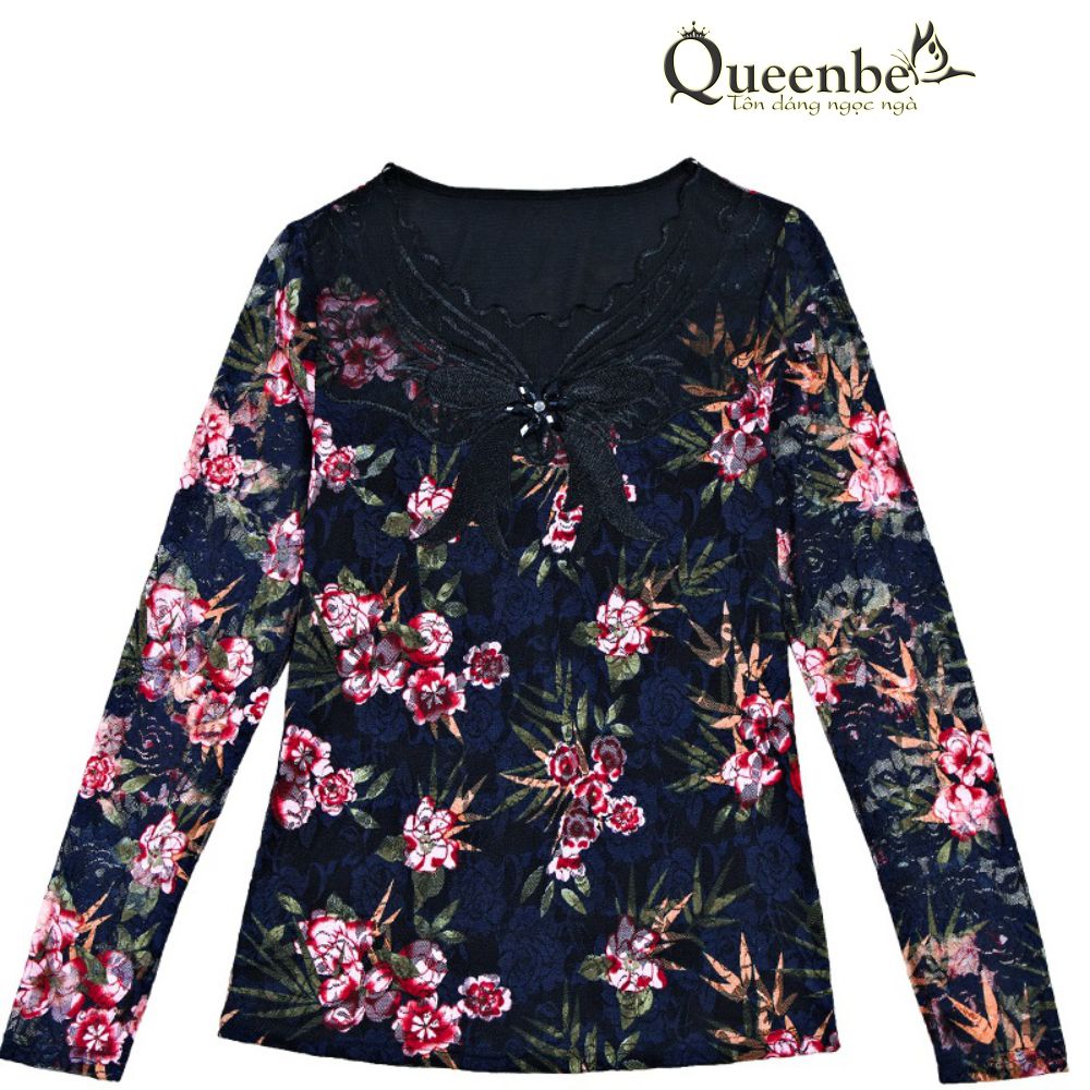 Áo thun nữ dài tay thêu ren big size Queenbe GLA194