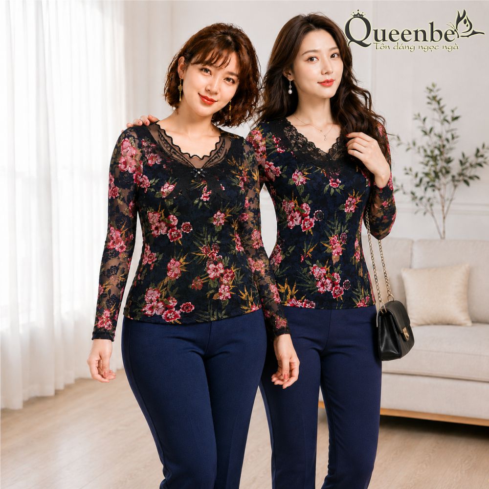 Áo thun nữ dài tay thêu ren big size Queenbe GLA194