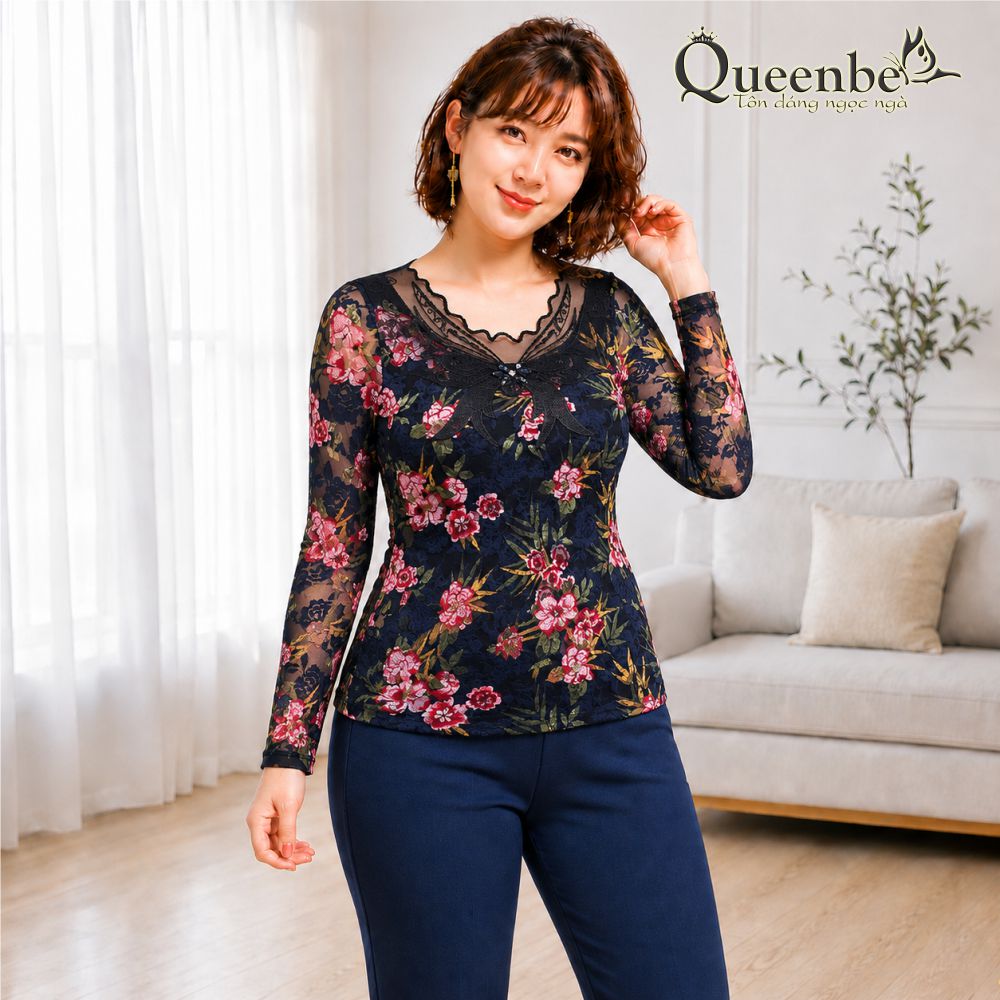 Áo thun nữ dài tay thêu ren big size Queenbe GLA194