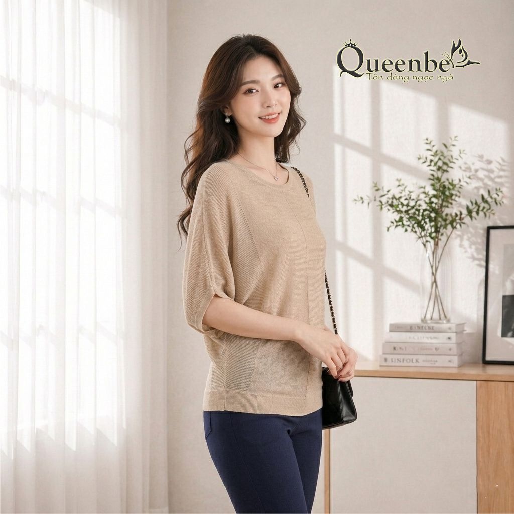 Áo thun nữ dệt kim Queenbe GLA024 kiểu cánh dơi ngắn tay