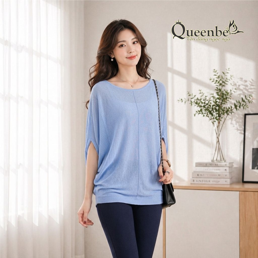Áo thun nữ dệt kim Queenbe GLA024 kiểu cánh dơi ngắn tay