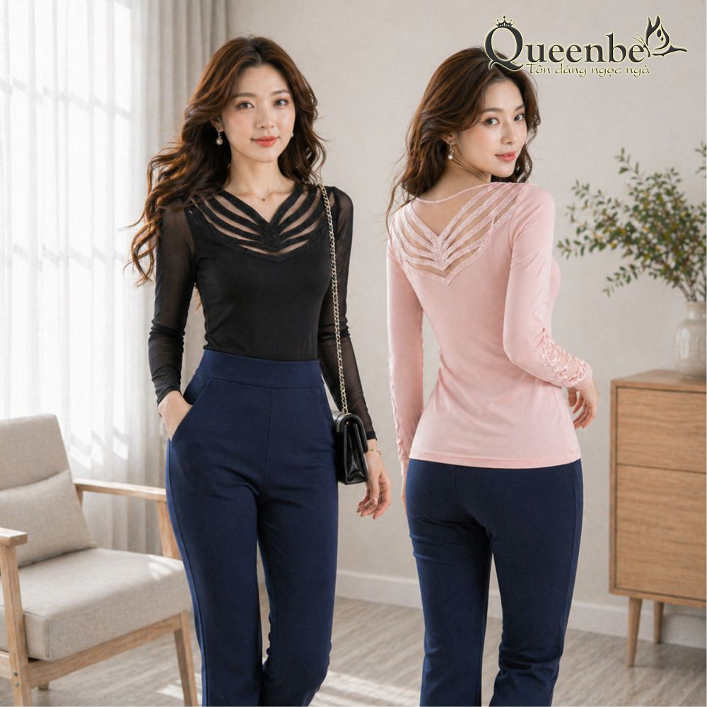 Áo thun nữ hai lớp dài tay cổ ren có big size Queenbe GLA253