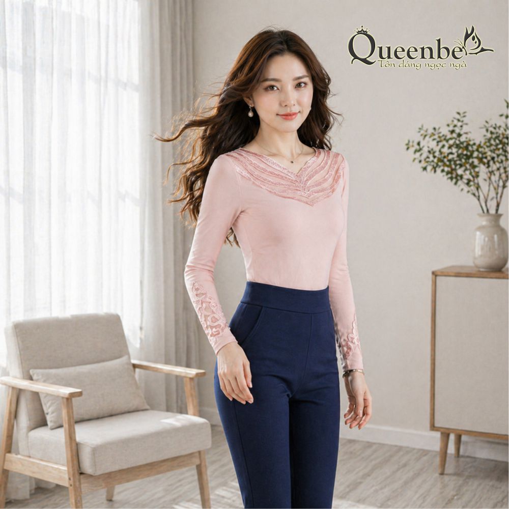Áo thun nữ hai lớp dài tay cổ ren có big size Queenbe GLA253